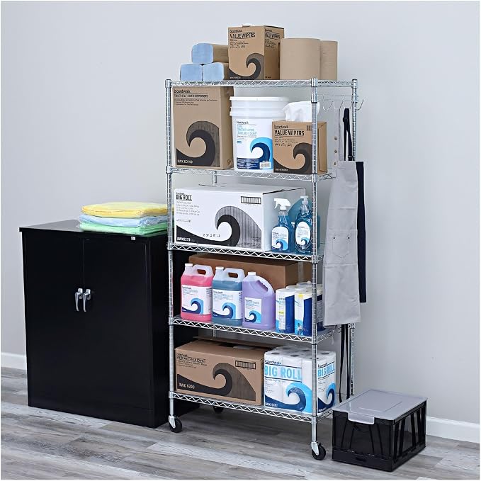 Alera 5-Shelf Wire Shelving Kit with Casters and Shelf Liners, 36w X 18d X 72h, Silver