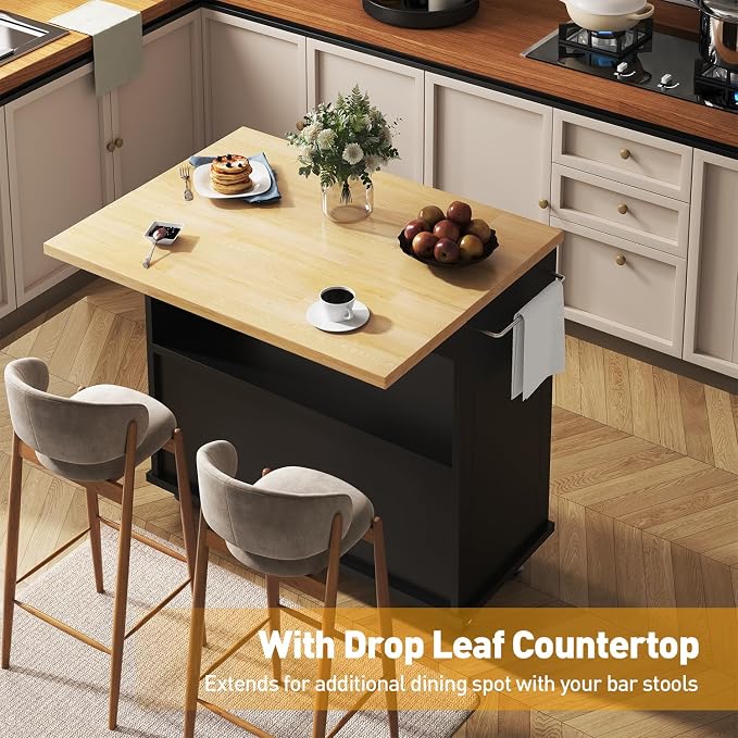 Rolling Kitchen Island with Folding Drop Leaf Breakfast Bar, 35.4'' W Kitchen Cart with Storage Cabinet and 2 Drawers, Portable Mobile Kitchen Island Table with Towel Rack, Lockable Wheels, Black