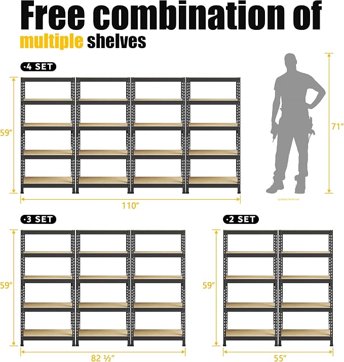 PrimeZone Storage Shelves 4 Pack 5 Tier Adjustable Garage Storage Shelving, Heavy Duty Metal Storage Utility Rack Organizer Shelf Unit for Warehouse Pantry Closet Kitchen Basement, Black