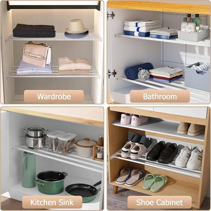 VanlonPro Expandable Closet shelf Metal Storage Rack Adjustable Closet Rod DIY Divider Separator Space Saving for Cabinet Wardrobe Cupboard Kitchen Pantry Cupboard Bathroom, 31.4-42 Inches