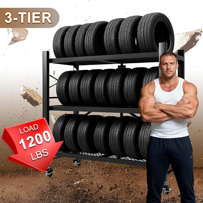 3-Tier Folding Storage Shelves, Heavy Duty Garage Shelving Unit, Adjustable Metal Standing Storage Rack Shelf, No Assembly Wire Shelving Organizer with Wheels for Kitchen Pantry Warehouse
