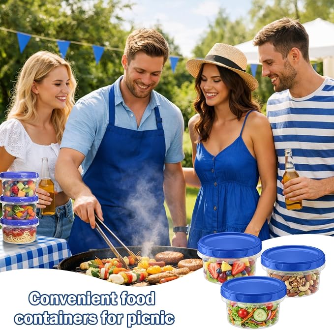 Sieral 16 Pack 8 oz Freezer Containers with Lids Reusable Deli Freezer Storage Containers Stackable Plastic Thick Twist Top Jars for Takeout Food Round Wide Mouth Lunch Snack (Blue)
