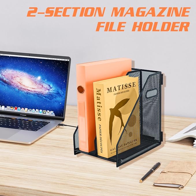 2 compartments metal file racks metal Mesh Desktop Organizer for Desk, Storage Binder Organizer for Office Desktop, Home Workspace and School