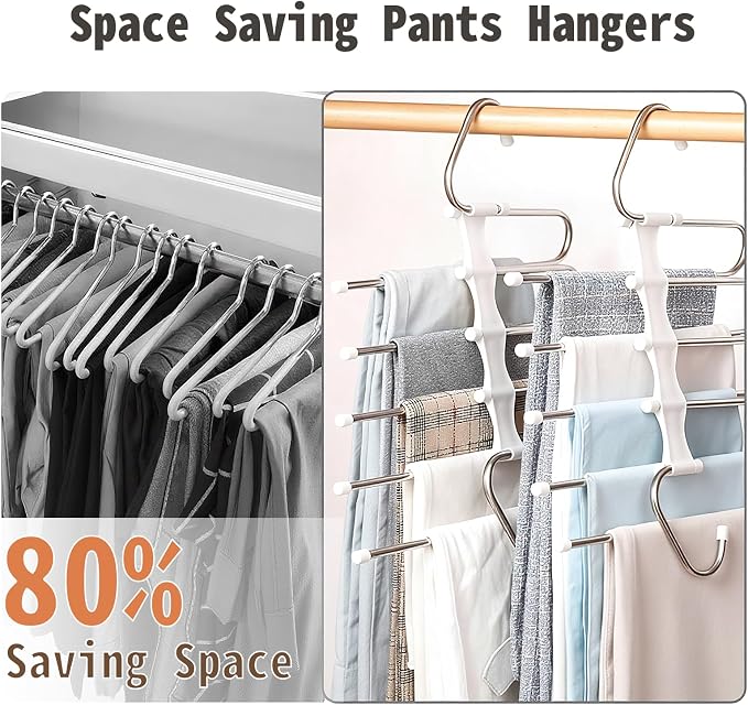 Pants Hangers Space Saving 5 Tier - 4 Pack Closet Organizers and Storage Closet Organizer,Anti-Slip Design,Closet Organizers and Storage for Pants Jeans Skirts Scarf Legging