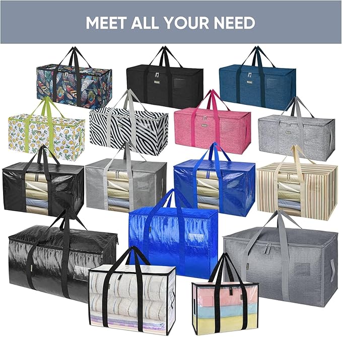 TICONN 6 Pack Extra Large Moving Bags with Zippers & Carrying Handles, Heavy-Duty Storage Tote Moving Boxes for Space Saving (6 PK, 45 Gallon)