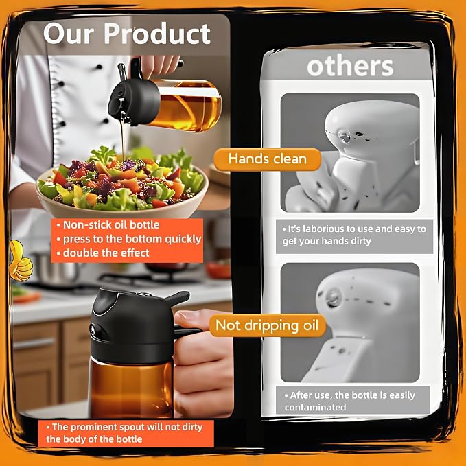 Oil Sprayer for Cooking 2 in 1, Olive Oil Dispenser for Kitchen Gadgets, 16oz/470ml Premium Light-Blocking Oil Bottle, Food-Grade Spray Bottle, for Salad, Air Fryer, BBQ