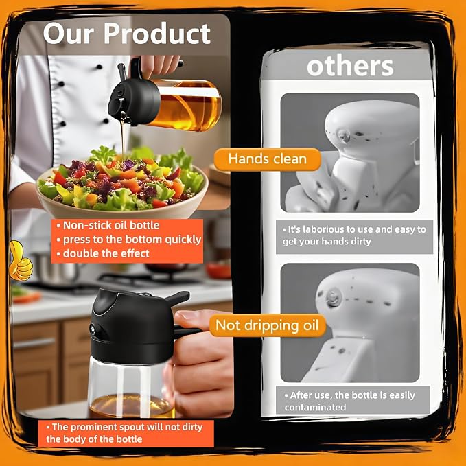 2 in 1 Oil Sprayer for Cooking, Oil Dispenser for Kitchen Gadgets, 16oz/470ml Premium Food-Grade Oil Bottle, for Salad, Air Fryer, BBQ