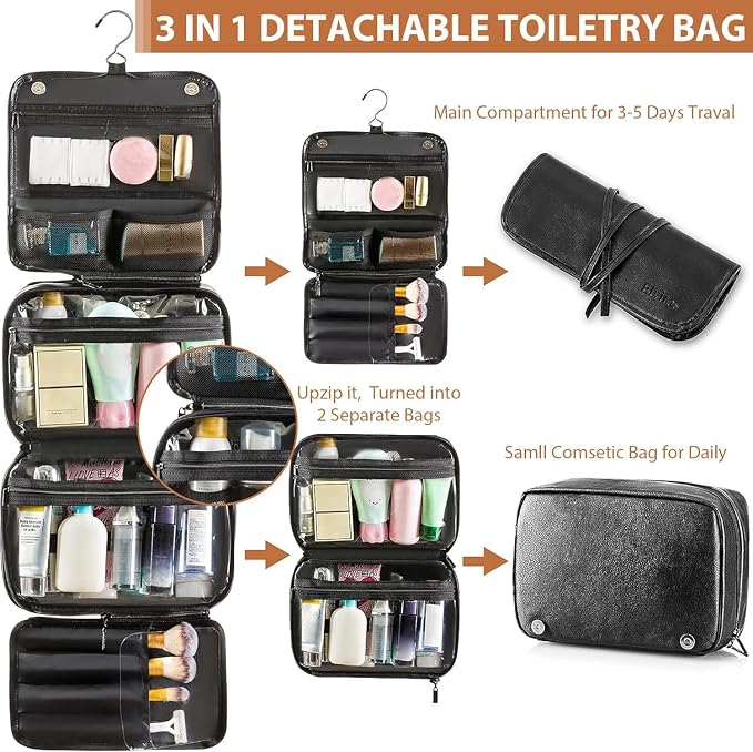 Elviros Hanging Toiletry Bag Removable Travel Bag PU leather Makeup Cosmetic Organizer Kit, Black | Removable Travel Organizer Bag for Cosmetics, Toiletries, Makeup Tools, and Daily Essentials with Easy Carry Design