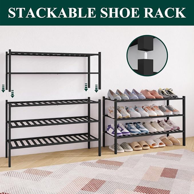Smiry Bamboo Shoe Rack for Closet, 4 Tier Long Wooden Shoe Organizer, Stackable Wood Shoe Storage Shelf for Entryway, 14 Vertical Slats, 2+2 Stack Heavy-Duty Legs, 33.86"x11.02"x25.98", Black