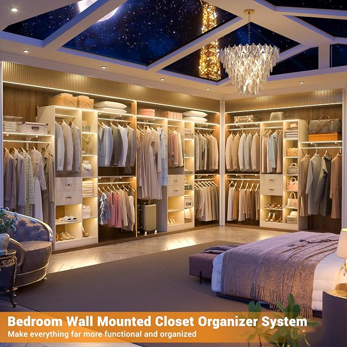 Armocity 8FT Heavy Duty Wood Closet System, 1500 LBS+ Capacity Wall Mounted Walk-in Closet Organizer with 2 Drawers & 4 Hanging Rods, 96'' Custom Bedroom Storage Wardrobe, Natural