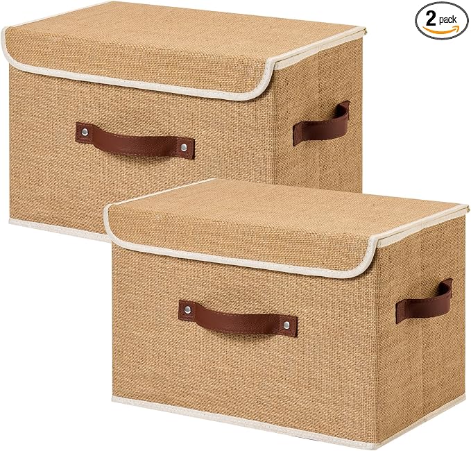 2PCS Storage Bins Box with Lids Decorative Natural Jute Baskets | Foldable Washable Stackable Lidded Clothing Container, Shelf Closet Organizer, w/ PU Leather Handles & PP Boards, Large
