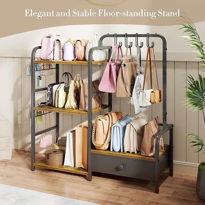 Purse Organizer for Closet, with Bottom Drawer, Extra Large Capacity 3 Tier Handbag Storage Rack for Women, 10 Purse Hanger and Hooks for Bag Organizer, Floor-Standing, Home, Living Room (Black)