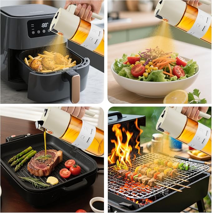 LAKUMIQI 2 in 1 Oil Sprayer & Dispenser, 17 oz Light-Blocking Glass Bottle | Large Capacity, Wide-Mouth for Easy Pouring and Cleaning, Leak-Proof Oil Bottle with Stickers for Salads, Air Fryers, BBQ