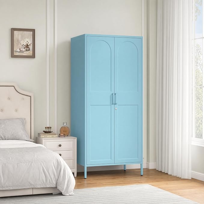 Lockable Metal Wardrobe Closet with Hanging Rod and 3 Adjustable Shelves,67" Metal Storage Cabinet with 2 Doors,Steel Armoire Wardrobe Closet for Bedroom Living Room Cloak Room (Blue)
