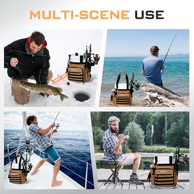 Boomistry Fishing Bucket Organizer for 5 Gallon Bucket, Khaki | 15 Multi-Pockets, 4 Built-in Rod Holder Storage, 3 Adjustable Buckles, for All Fishing Gear & Tackle Accessories