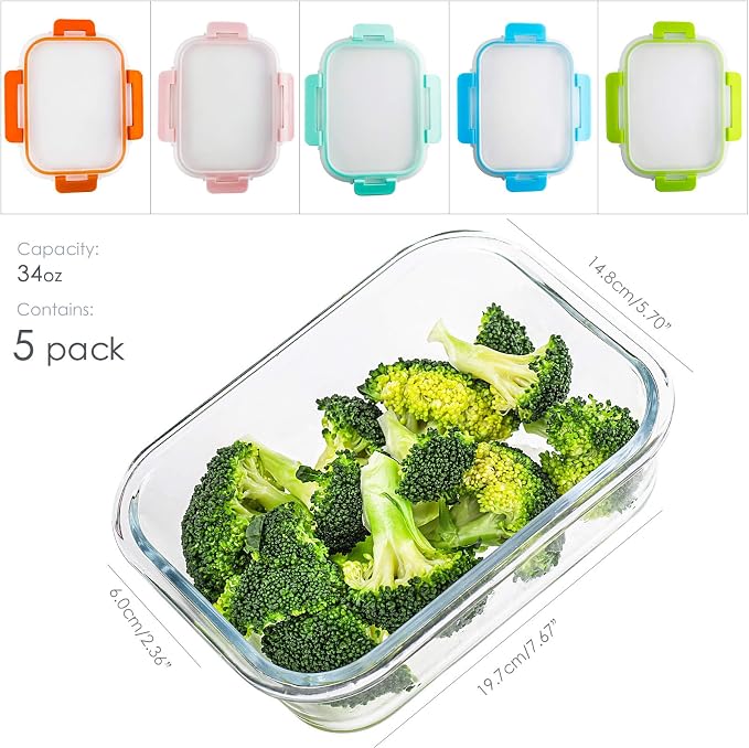 Glass Meal Prep Glass Containers with Lids, Glass Lunch Box, 5-Pack, 34 OZ | 5 Pack Glass Food Storage Containers, 34 OZ