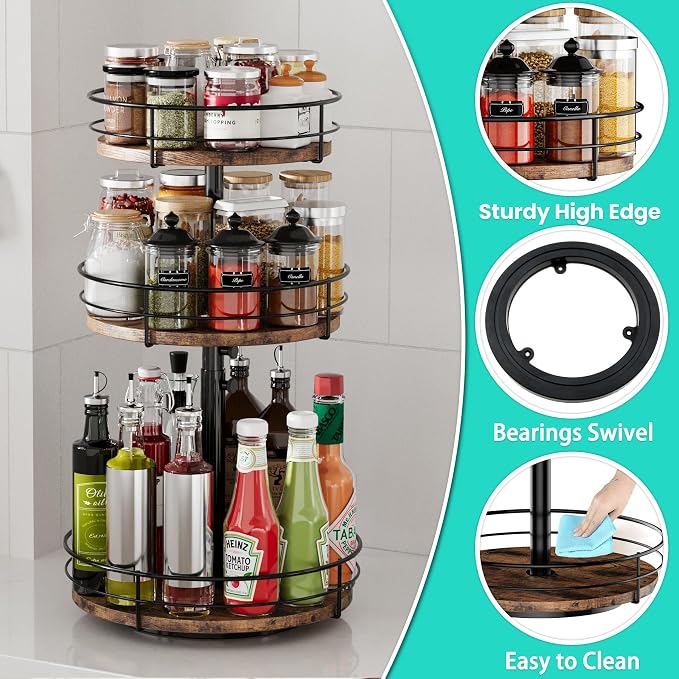 3 Tier Lazy Susan Spice Rack Organizer 360° Rotating, Black | Adjustable Height, For Kitchen Bathroom Countertop Pantry, Spinning Organizer, Table Top