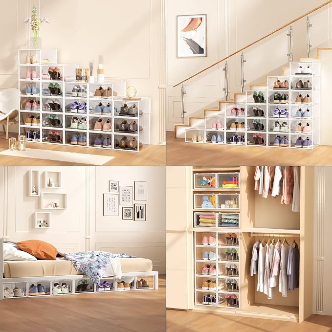 Snaxo 12 Pack XX-Large Clear Shoe Storage Boxes, Stackable Modular Plastic Shoe Organizer Front-Opening Door, Ventilated Dust-Proof Sneaker Display Case Closet, Entryway, White