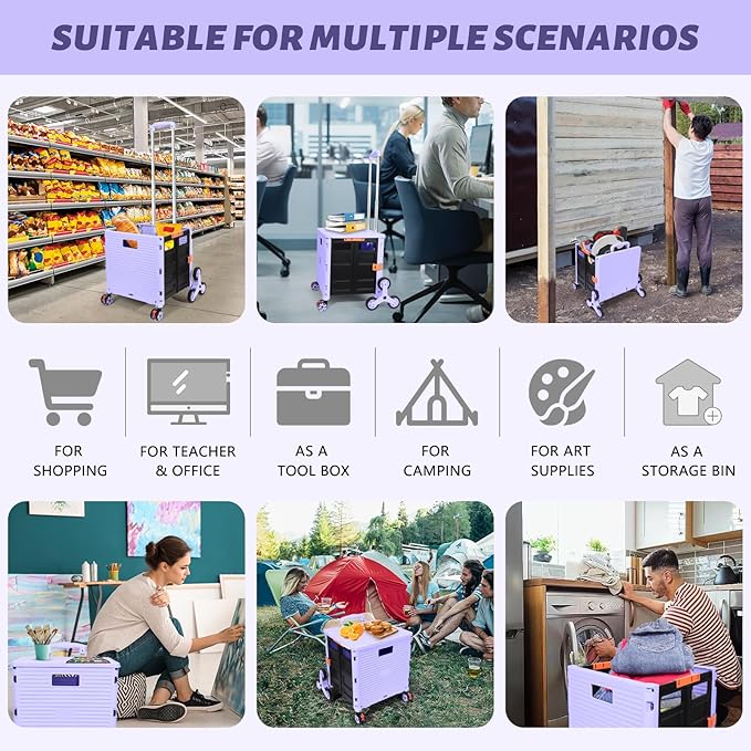 FELICON SELORSS Folding Utility Cart Portable Rolling Crate Handcart with Stair Climbing Wheels&360°Swivel Wheels Telescoping Handle Plastic Box Dolly for Travel Shop Move Office Teacher Use(Purple)