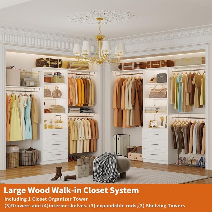 Closet System with Drawers, 4-8FT Closet Organizer System with Cuttable Shelves & 3 Expandable Hanging Rods, 96” Walk in Closet Organizer Storage System, Modular Closet Systems Adjustable, White