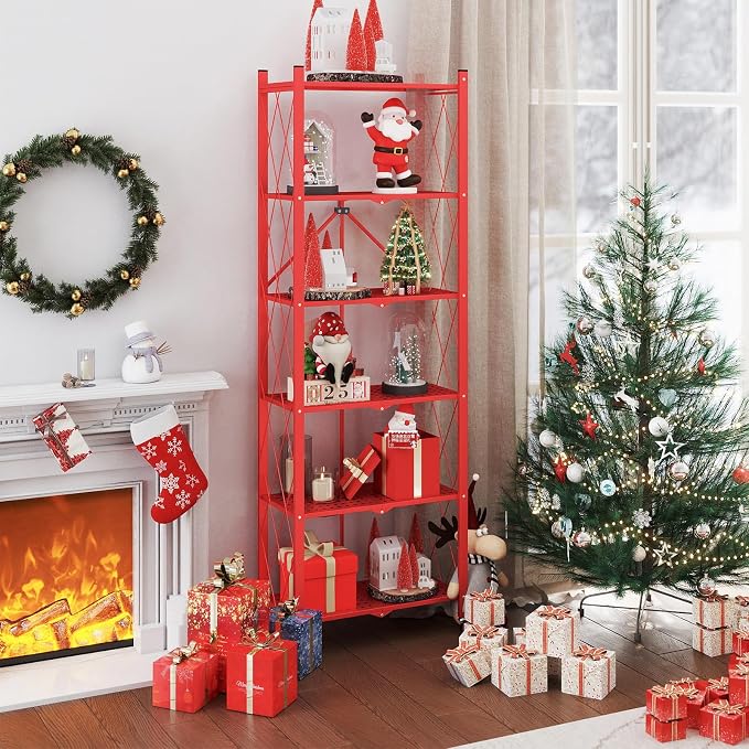 ALANNG 73.6 Inch Folding Bookshelf, 6 Tier Metal Bookcase and Bookshelves | Tall Shelves for Living Room Office Bedroom, Heavy Duty Book Shelve Free Standing Open (Red, 3PACK)
