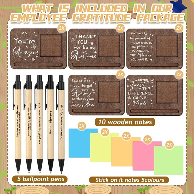 Kosiz 10 Set Back to School Teacher Gifts Wooden Sticky Note Holder with Notes and Ballpoint Pens Inspirational Sticky Notes Sets for Teacher Back to School Party Supplies, Brown