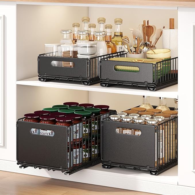 Pull out Cabinet Organizer,Slide out Drawers Shelves Storage,Heavy Duty Shelves Cabinet Basket for Kitchen, Cupboard,Pantry(9.65" W X14.76 D X3.94 H- 2 Pack) Fixed with Adhesive Nano Film