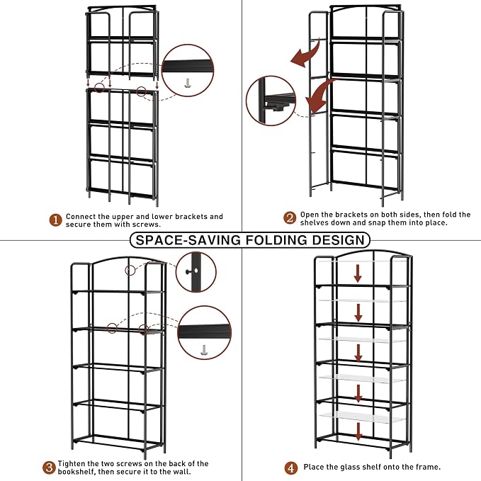 Crofy 5-Tier Wider Foldable Bookshelf, Black Frame & Transparent Shelves | Collapsible Portable Storage Organizer; Sturdy Transparent Shelves; Ideal for Living Room & Home Office