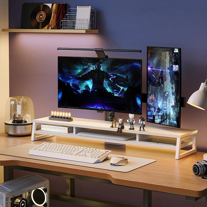 Fenge Dual Monitor Riser for Desk, Open Shelf with 3 Storage Compartments | 42.5in Computer Monitor Stand, 2-Tier Desk Shelf for Top of Desk,One-Piece Panel, fit Ultrawide Monitor, PC, Laptop, White
