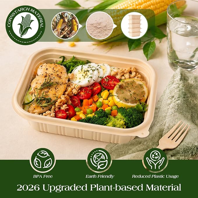 50 Pack (100 Piece) Food Containers with Lids, 22oz Meal Prep Containers Reusable Plant-based Cornstarch Lunch Box BPA Free Small Disposable Take Out Togo Boxes for Salad Microwave & Freezer Safe