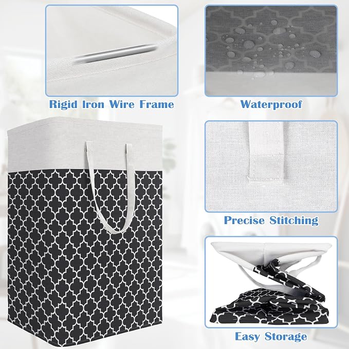 BlissTotes 3-Pack Laundry Basket, Freestanding＆Waterproof Laundry Hamper, Collapsible Tall Clothes Hamper with Easy Carry Handles for Clothes, Towels in the Family and Dorm,Clover Black,100L