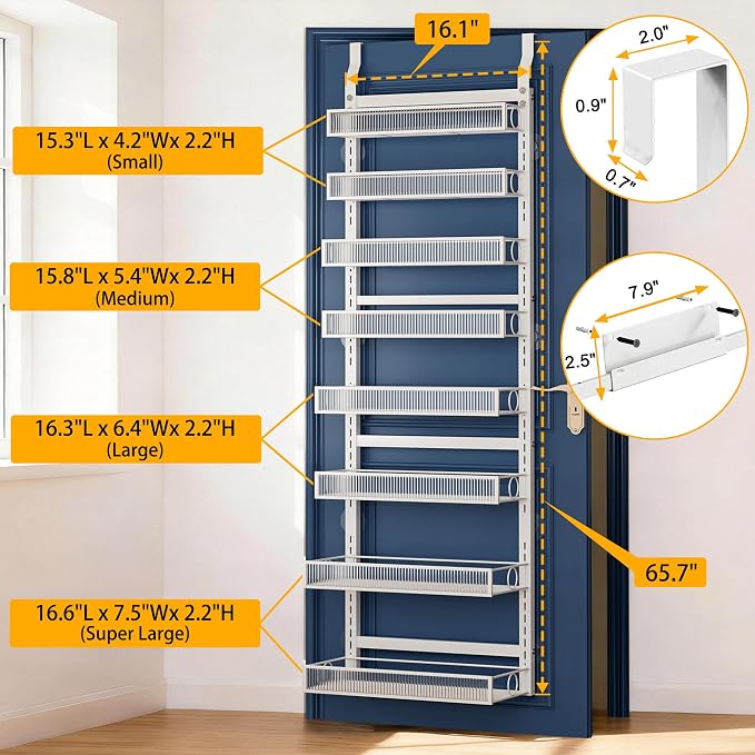 Over the Door Pantry Organizer 8 Tiers Hanging or Wall Mounted Spice Rack with Adjustable Basket,Heavy Duty Metal Seasoning Organizer Shelf for Kitchen Pantry and Bathroom