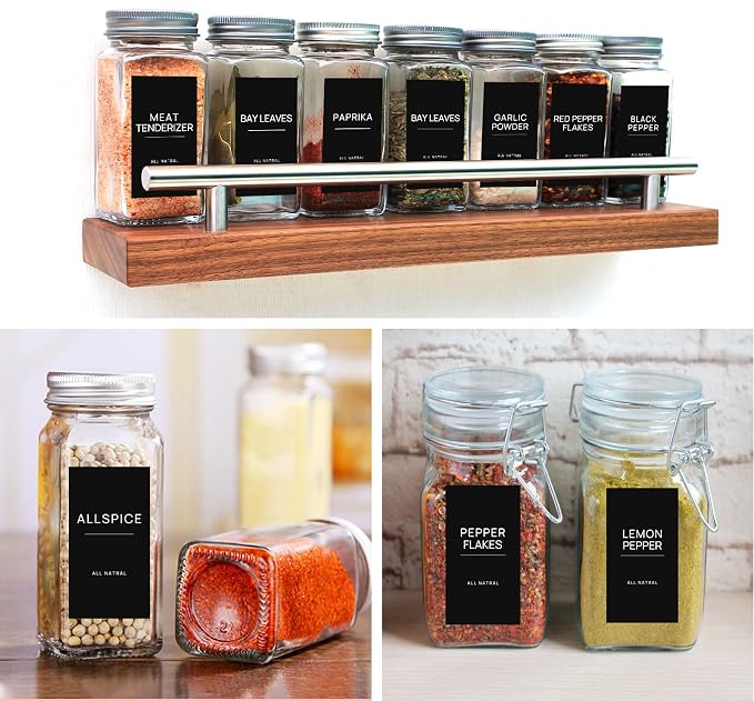 HVSWLY 140PCS Spice Labels for Spice Jars, Black Minimalist Preprinted Spice Jar Labels,Waterproof Oil Resistant Label Stickers for Kitchen Pantry Seasoning Containers