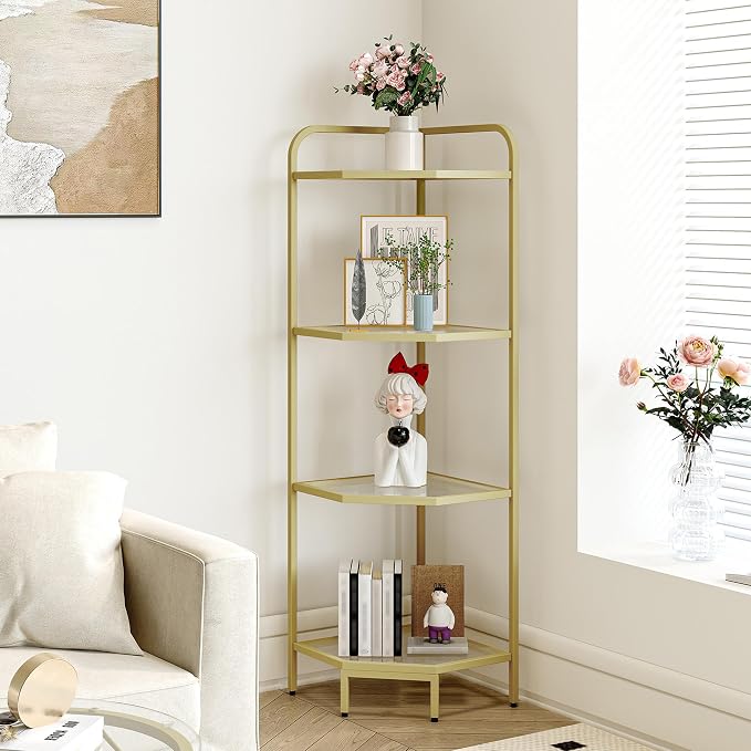 Hzuaneri Corner Shelf Stand, 4-Tier Glass Bookshelf Bookcase, Bathroom Organizer, Plant Stand, Steel Frame, Tempered Glass, Modern Style for Living Room, Bathroom, Kitchen, Golden CS90400G
