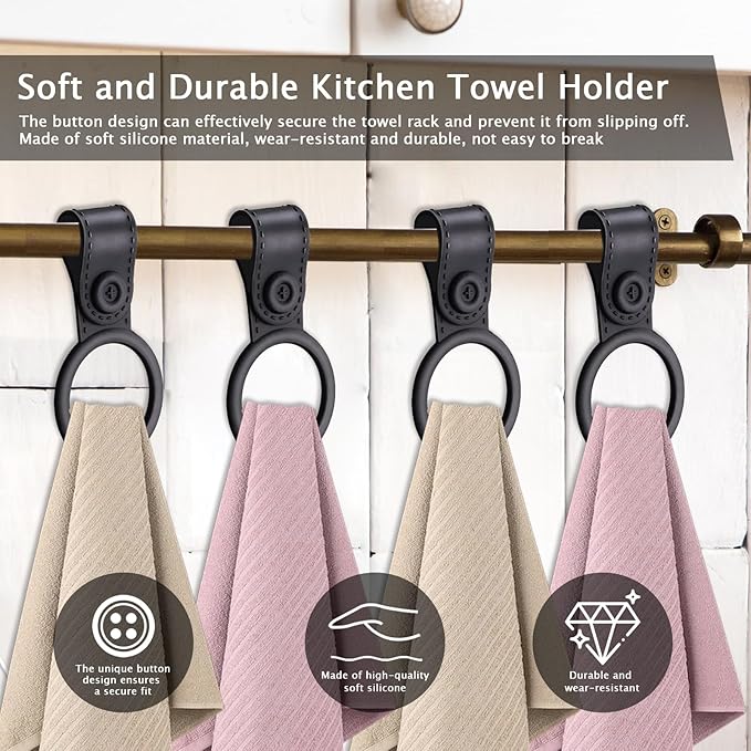 4 Pack Silicone Kitchen Towel Holder – Soft & Waterproof Bathroom and Dish Towel Holder, Towel Clips for Kitchen, Cabinet, Stove, Oven Handle or Rods (Black, Non-Slip & Heat Resistant)