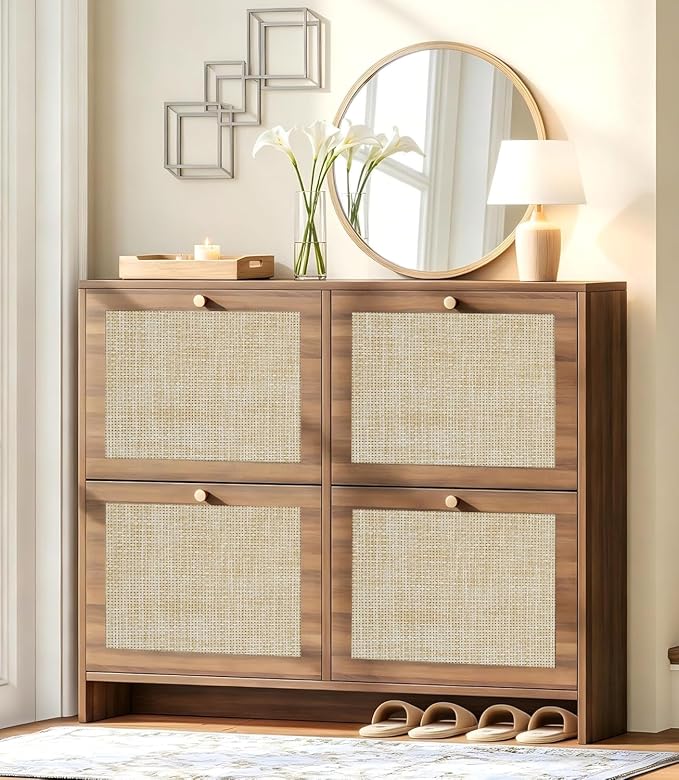 Nicetree Shoe Cabinet Storage for Entryway, 4-Flip Drawer Narrow Shoe Rack with Adjustable Shelves, Boho Modern Square Rattan Shoe Organizer, Slim Wood Storage Cabinets for Small Spaces Fits Size 13.5