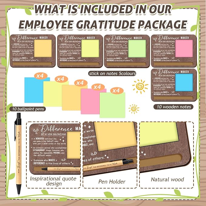Kosiz 10 Set Brown Difference Maker Appreciation Gifts Wooden Sticky Note Holder with Notes and Ballpoint Pens Inspirational Sticky Notes Sets for Employee Coworker Staff Thank You Appreciation Gifts