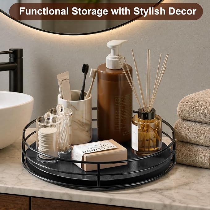 Optish 2 Pack 9" 10" Lazy Susan Turntable for Table Top, Wooden Lazy Susan Organizer for Cabinet, Kitchen, Countertop, Pantry, Spice Organizer, Bathroom, Vanity, Table Decor, Black