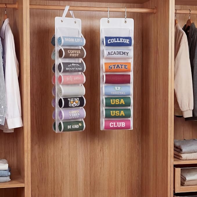 Over The Door Hoodie Organizer, Double Sided Holds 16 T-Shirts, White Hanging Storage with 2 Hooks and Rope for Door Closet Cabinet Use, Ideal for Dorm Rooms Bedroom (White)