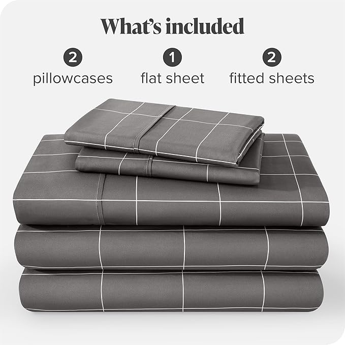 Bare Home Split King Sheet Set - 1800 Ultra-Soft Microfiber Bed Sheets - Double Brushed - Deep Pockets - Easy Fit - 5 Piece Set - Bed Sheets & Pillowcases (Split King, Grid - Grey/White)