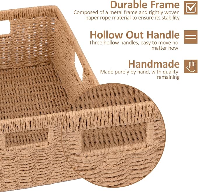OIAHOMY Wicker Storage Basket, Rectangular Paper Rope Shelf Baskets with Built-in Handles, Woven Decorative Organizer for Pantry, Shelves, Living Room and Bathroom, 1-Pack Natural