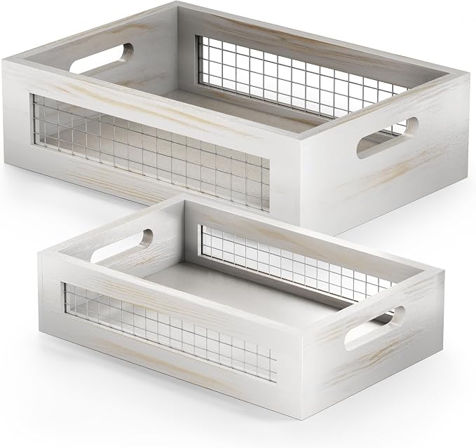 Wooden Countertop Baskets Set of 2 for Kitchen, Bathroom, Pantry|Wall Mount Upgrade with Full Accessories| Rustic Nesting Boxes|Wooden Organizer Crates for Fruit, Vegetables, Produce, Bread
