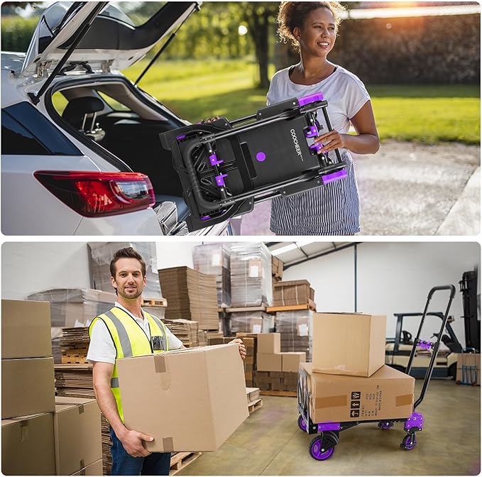 330LB Folding Hand Truck Heavy Duty Carrying, Combination of Four Wheels and Two Wheels Convertible Dolly Cart with Retractable Handle Dolly for Moving Office Carts(Purple)