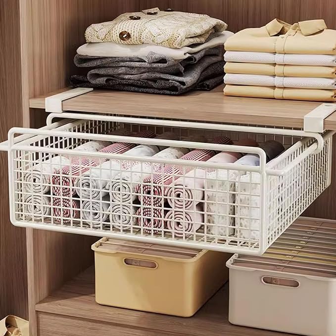 Cabinet Organizing Bin Under Shelf Storage Basket Hanging Pullout Drawer Multifunction Bedroom Clothing Pull Out Basket Rust Closet Storage