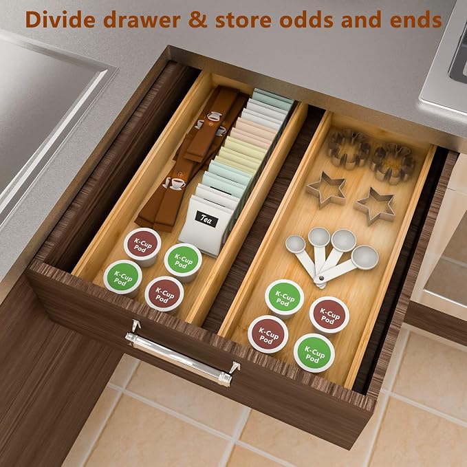 Bamboo Kitchen Drawer Organizer 15"x 6", Wooden Stackable Silverware Tray | Utensil Organizer Cutlery Holder for Kitchen, Wooden Storage Box for Bathroom, Multi-Use Storage Bins Dividers for Office