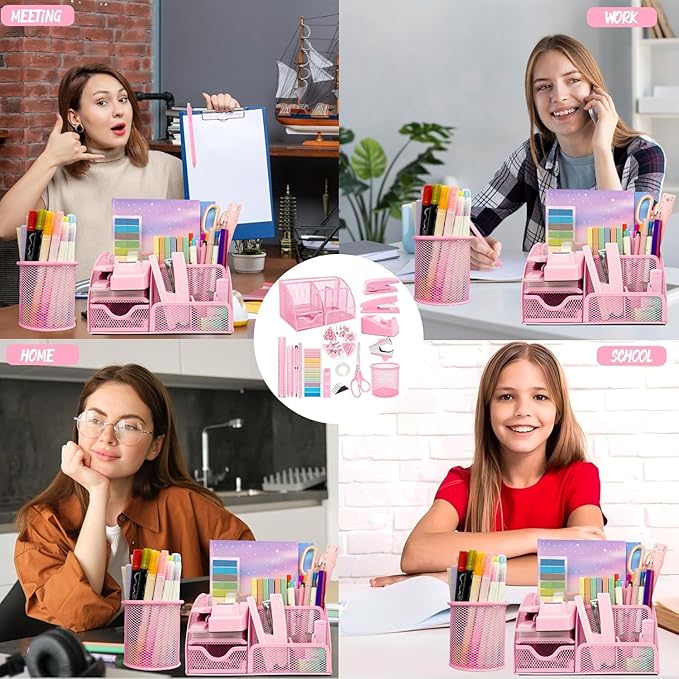 Pink Office Supplies, 17Pcs Pink Desk Accessories Set Include Stapler, Mesh Desk Organizer, Tape Dispenser, Staple Remover, Pen Holder, Clips, Pens, Ruler, for Office Home School Women Students Gift