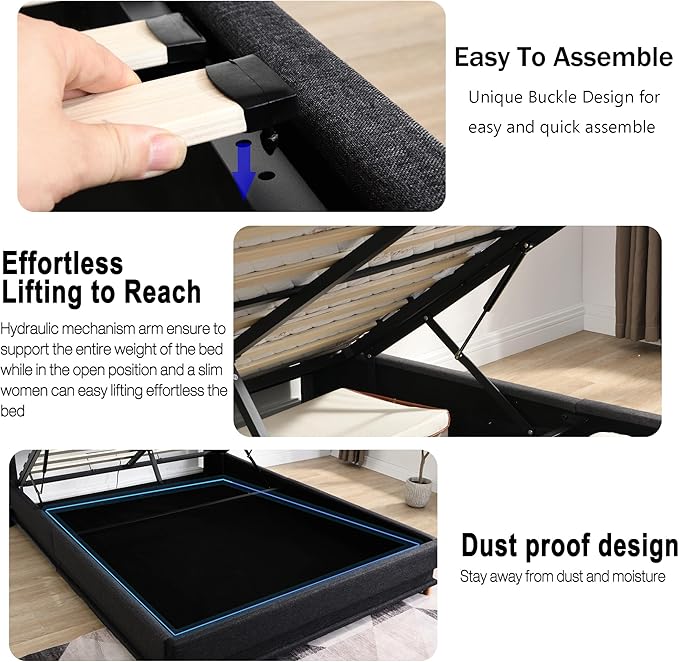 Ailisite Lift Up Storage Bed Queen, Bed Frame Queen Size with Charging Station&Led Lights, Upholstered Platform Bed with Wingback Storage Headboard, Hydraulic Lift System,No Box Spring Needed,Black | Lift up storage, breathable material