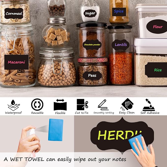 HERDIN Chalkboard Label Stickers, 120-Pc Set with 7 Markers | 120 Labels, 7 Markers, 3 Sizes, 8 Shapes, Waterproof Writing Surface, Pantry Jars, Food Containers, Storage Bins, Mason Jars