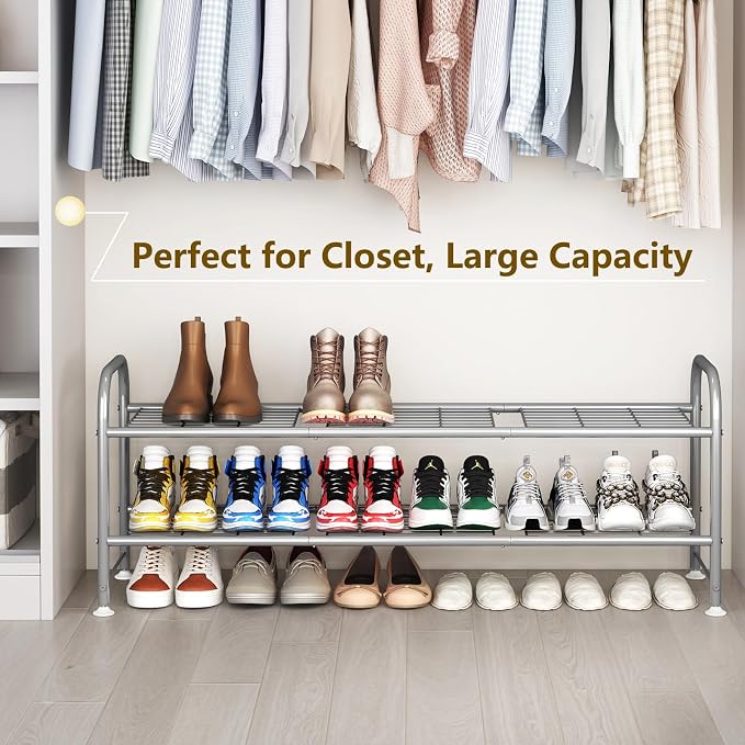 LINZINAR 2 Tier Long Shoe Rack for Closet Metal Shoe Organizer for Entryway | Spacious design stores 15+ pairs of shoes,durable metal frame,space-saving organizer for closet, hallway, and Entryway Grey