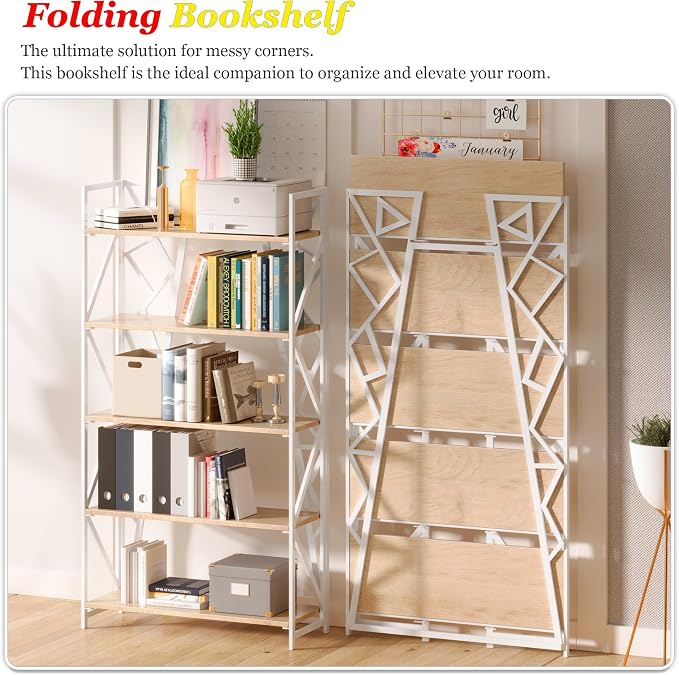 UDD No Assembly Wide Folding Bookshelf, 64.3" H x 30.9" W, 5 Tier Foldable Book Shelf Industrial Bookcase, Vintage Collapsible Storage Shelves for Home Office Living Room Bedroom, Light Oak White